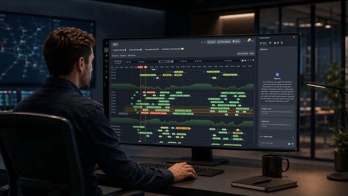 An operations planner at a workstation running Augmented Decision Making: a stand timeline with conflict, overlap and tow-penalty counters alongside the Optimus AI agent panel for scenario testing and forecasting