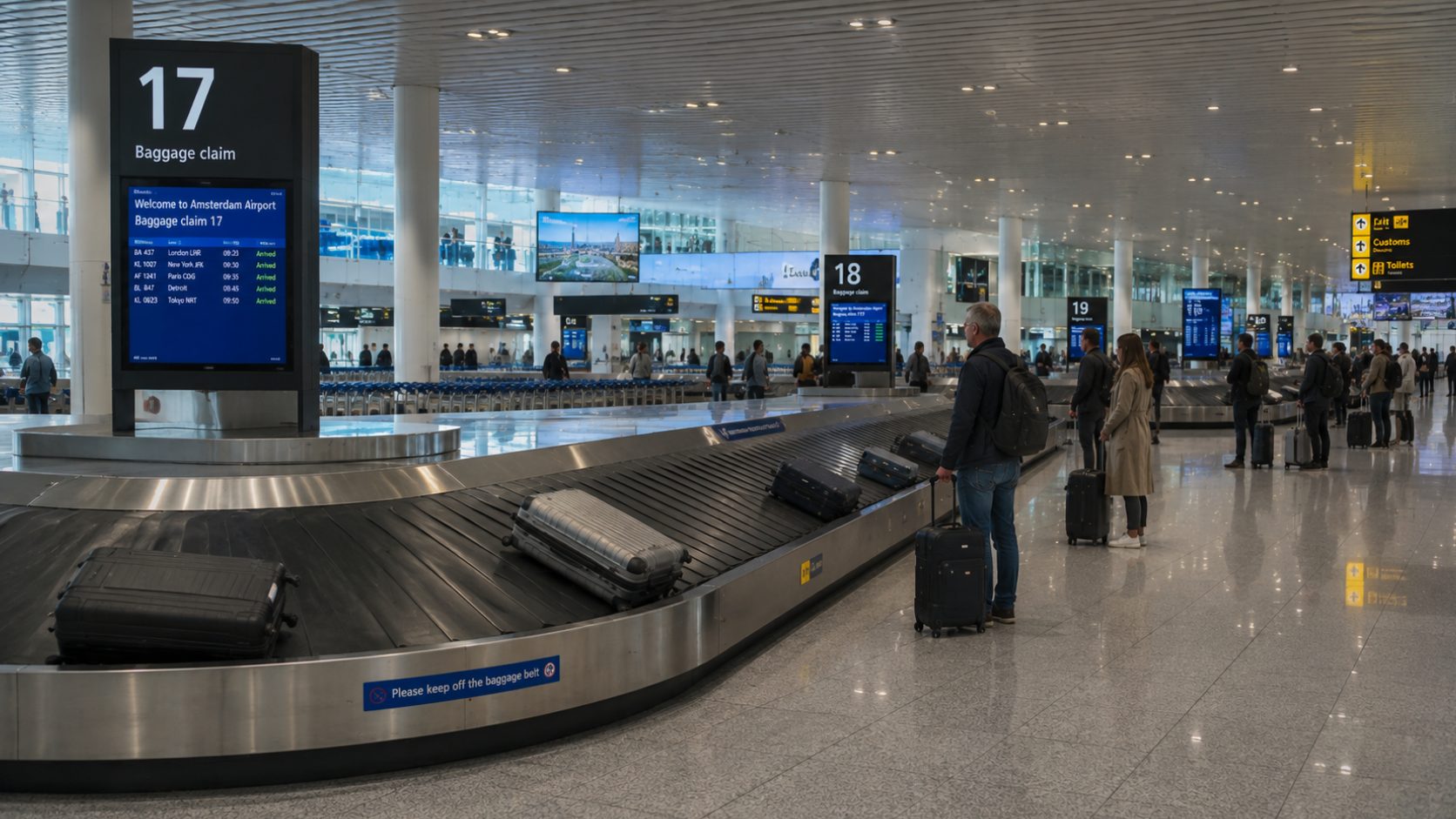 Passengers waiting at an airport baggage reclaim belt