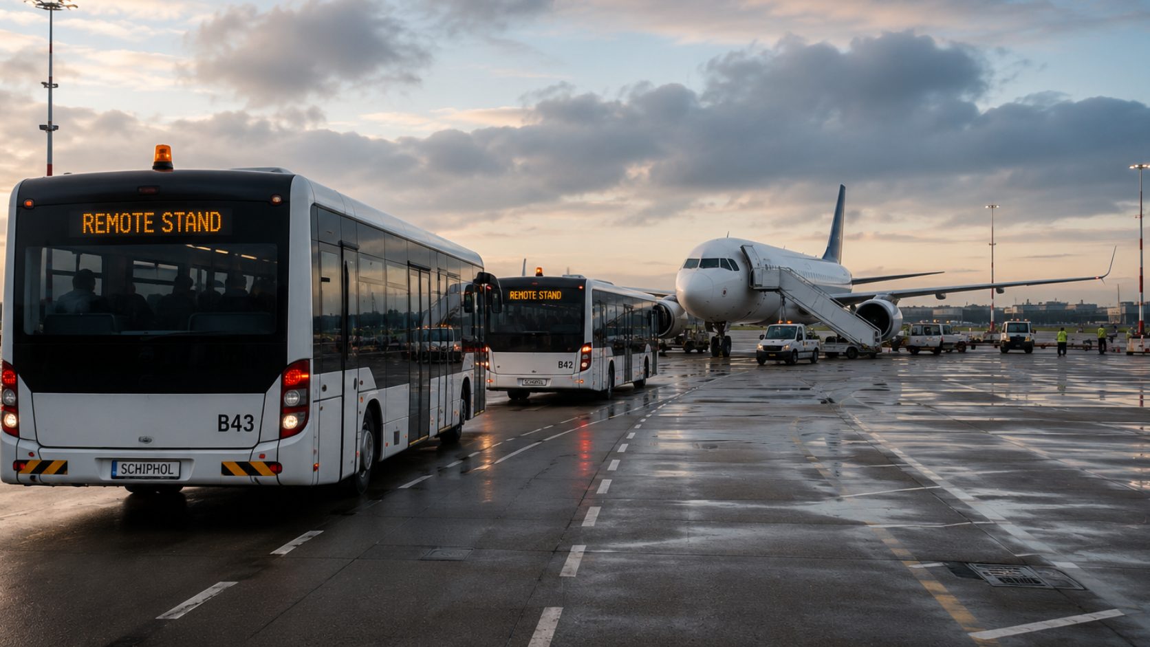 Apron buses waiting to board passengers at a remote aircraft stand