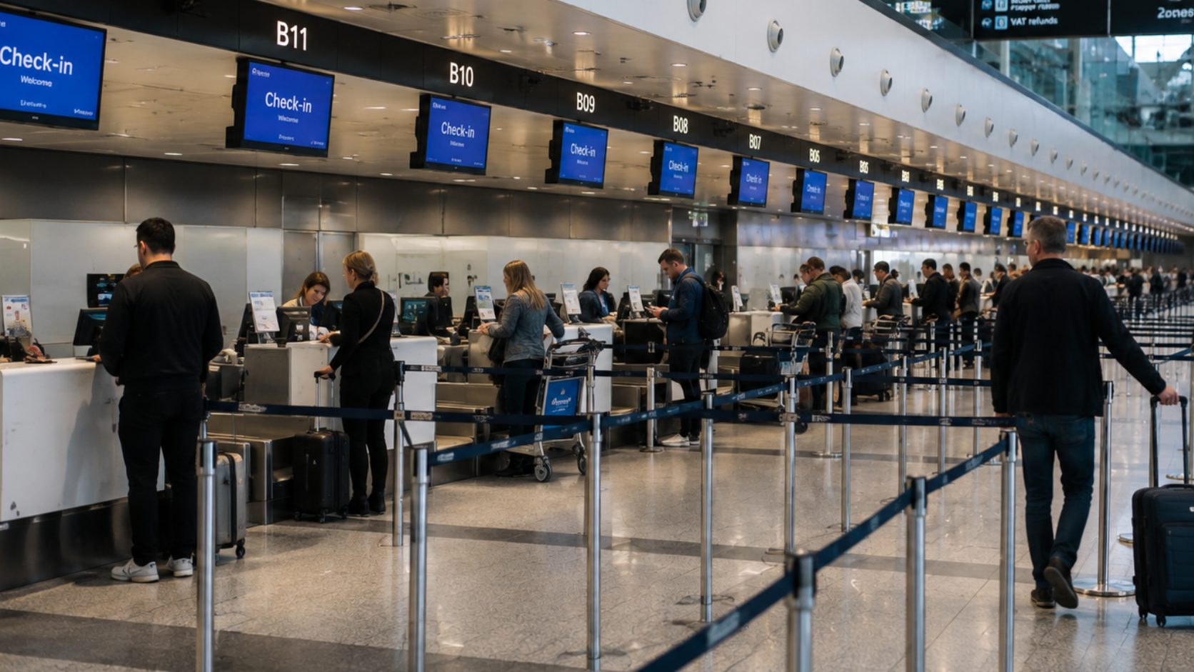 Row of airport check-in desks with passengers queueing