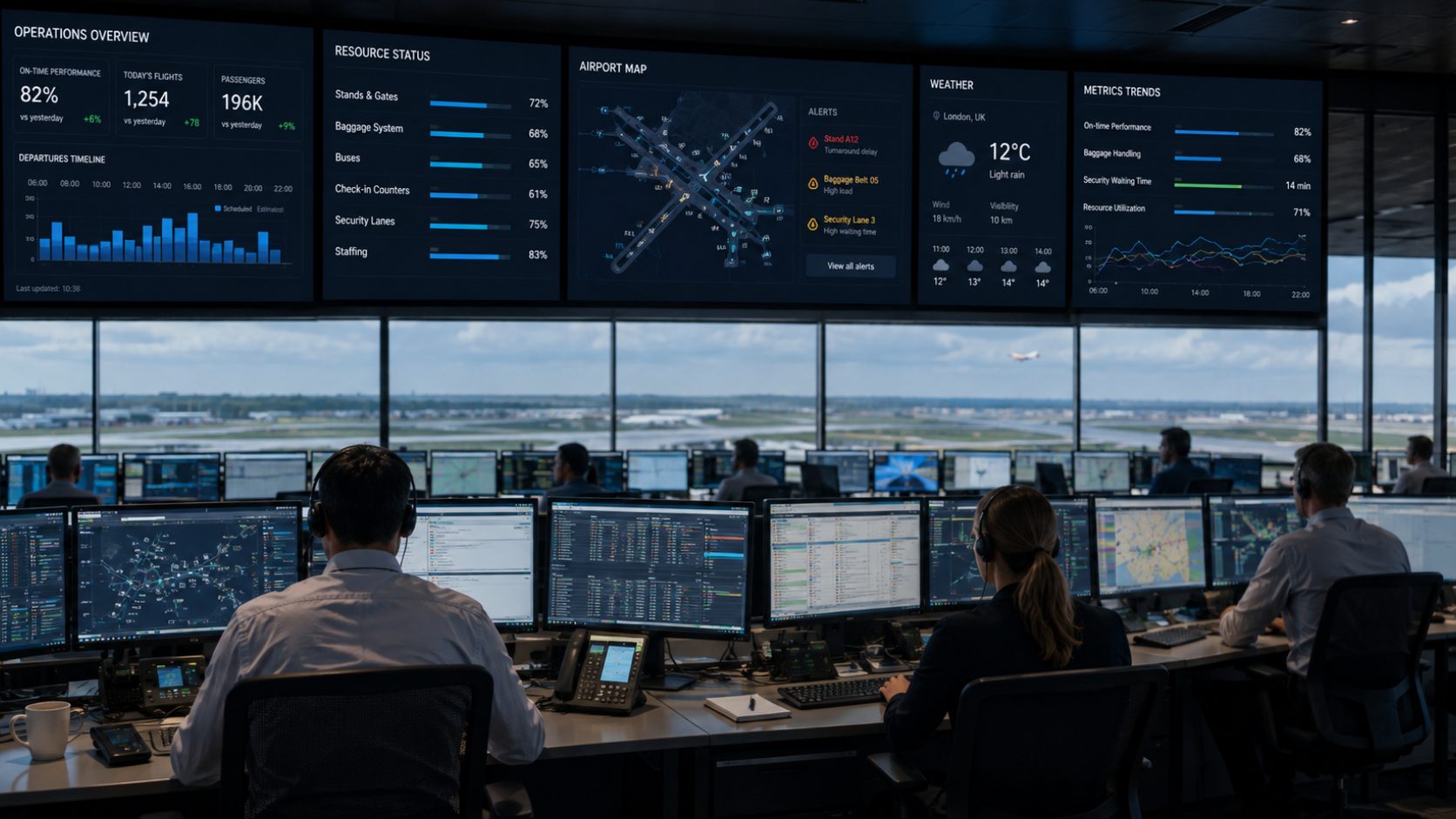 Airport operations control centre with live operational dashboards on the wall